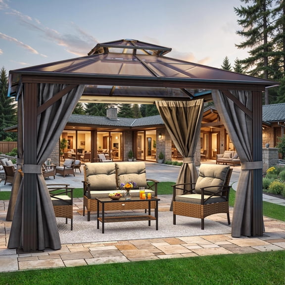 ModFusion 10' X 10' Outdoor Gazebo with Double Top Sunshade Polycarbonate, Black Column with Gray Curtain and Black Mesh