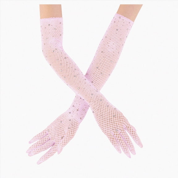 Cdudpw Long Rhinestone Fingerless Fishnet Gloves Steampunk Punk Fish Net Arm Sleeve 80s Costume Halloween for Women Girls(Pink)