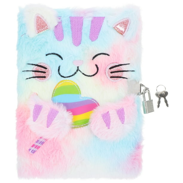 Diario de felpa con cerradura, cuaderno de animales de dibujos animados, lindo gato, diario difuso, cuaderno de escritura, diario personal, diario para la escuela, hogar, oficina, multicolor