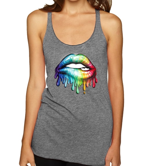 Wild Bobby, Colorful Neon Rainbow Biting Lips, Pop Culture, Women Tri-Blend Racerback Tank Top, Premium Heather, Large