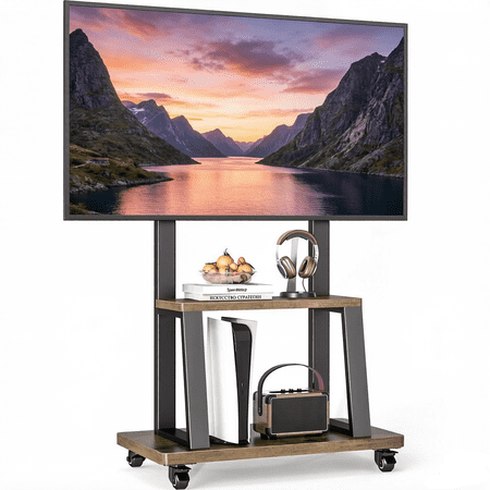 Mobile TV Stand on Wheels for 32-75 Inch TVs, Adjustable Mount & Wood Shelves, Holds 150 lbs