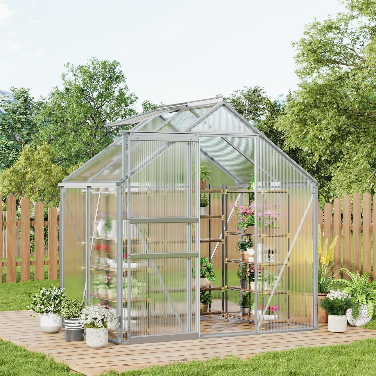 QinaQin 6 x 4 FT Outdoor Greenhouse,Polycarbonate Greenhouses with Aluminum Frame,Sliding Door,Adjustable Roof Vent for Backyard,Green Houses for Outside Garden,Silver