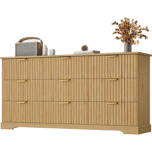 Fluted Dresser with 9 Drawers and Metal Handle, 63" Wide Dresser for Closet, Wooden Chest of Drawers for Bedroom, Living Room, Entryway, Natural Oak