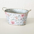 thumbnail image 6 of 3 Pack Galvanized Oval Planters, English Rose Garden Pattern, Rolled Rims, Gold Handles, 13.5, 11.75, 10.75 Inches Long Botanical Themed, 6 of 7