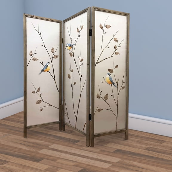 Art Styled 3 Panel Wooden Screen with Hand painted Fabric Design, Beige- Saltoro Sherpi