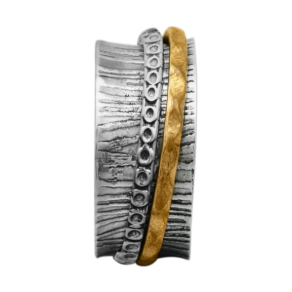 Hammered Meditation Two Tone Engraved Design 925 Silver Spinner Unisex Ring