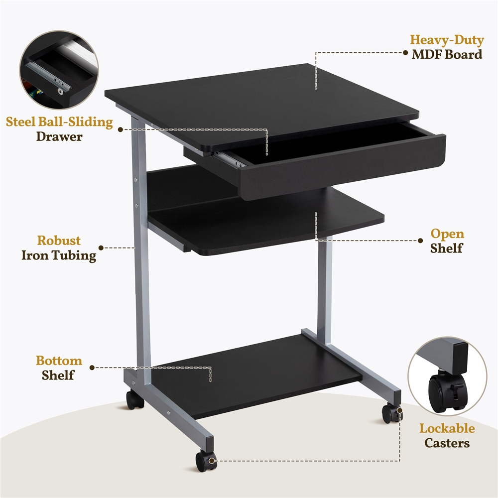 Renwick 3 Tier Mobile Computer Desk Cart, Black/Grey