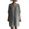 thumbnail image 2 of Elainilye Fashion Dresses for Women Summer Loose Casual V-Neck Solid Short Sleeve Dresses Cotton Linen Dress,Gray, 2 of 9