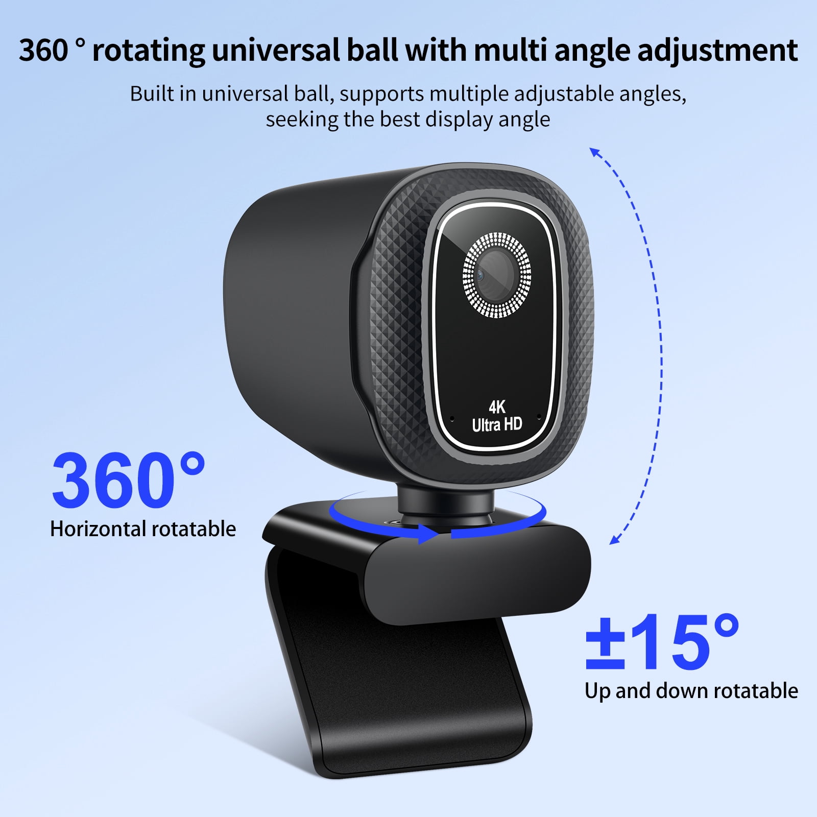 4K Webcam with Built-in Ring Light, Auto & Fixed Focus USB CMOS Camera for Live Streaming