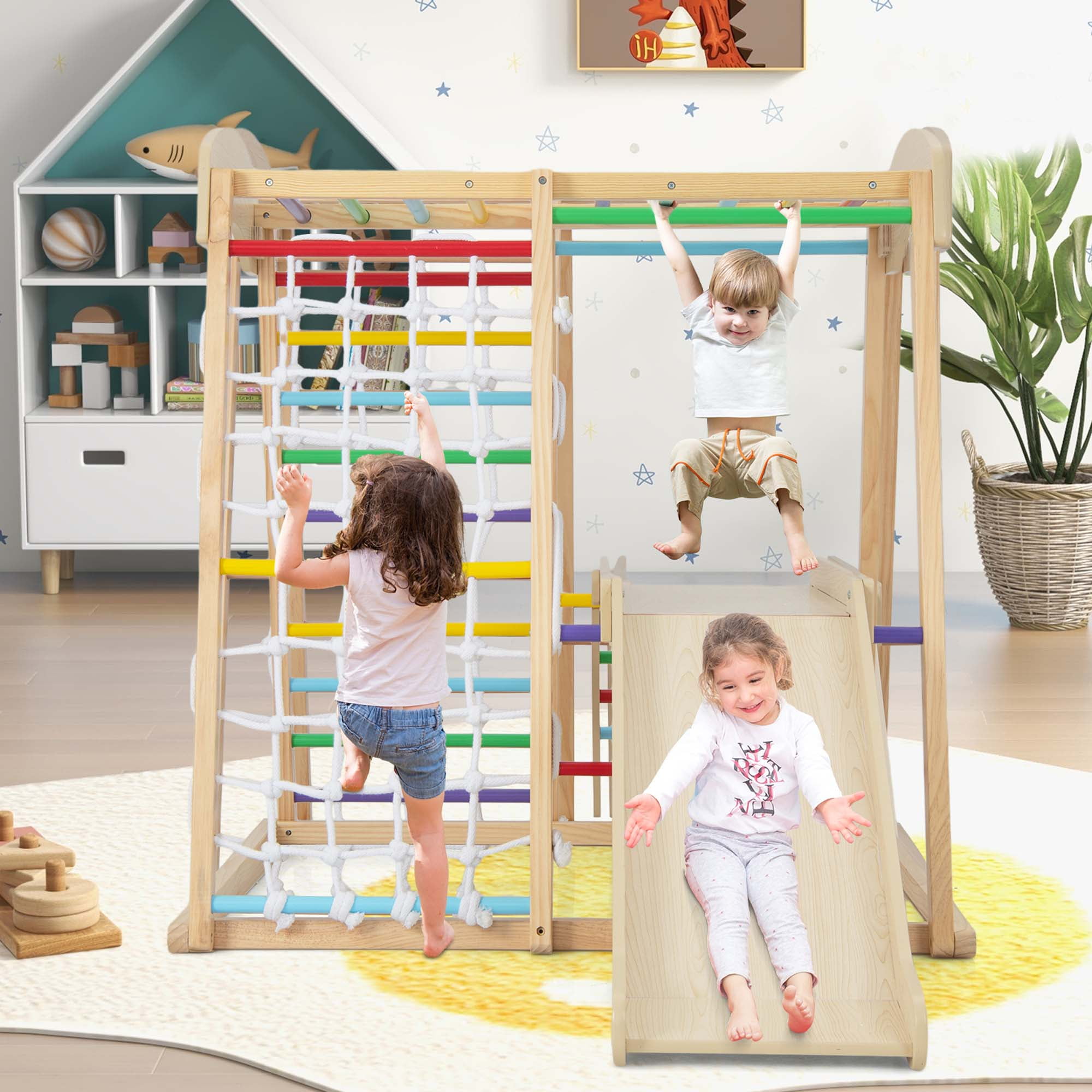 Costway 6 in 1 Indoor Jungle Gym Kids Wooden Playground with Monkey Bars