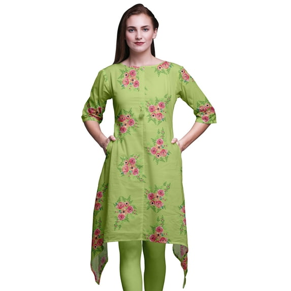 Bimba Green Flower Floral Women Kurtas Ethnic Printed Asymmetric Summer Wear Tops For Women Medium