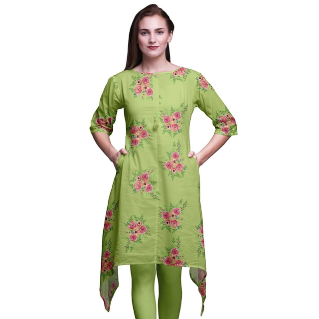 Bimba Kurti Asymétrique Vert à Imprimé Floral de Camélias Épanouis et d'Anémones pour Femmes, Robe Tunique d'Été Indienne XXX-Large