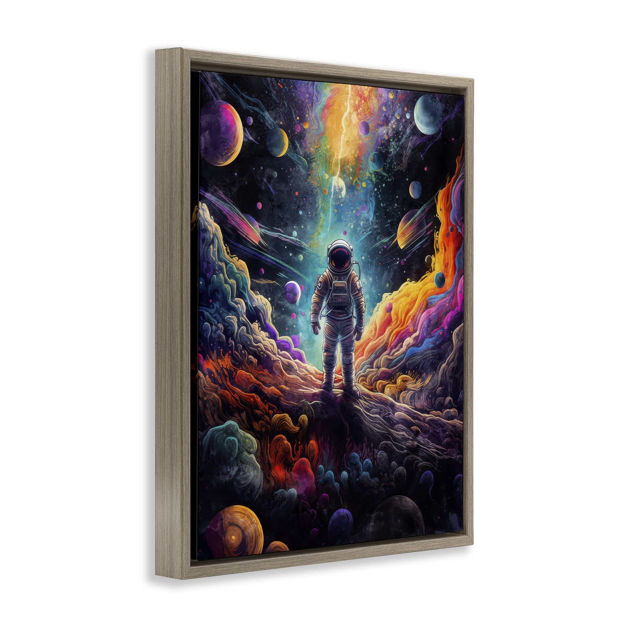 Stupell Industries Astronaut on Planet Terrain Astrology & Stars Painting Brown Floater Framed Canvas Art Print Wall Art, 25 x 31