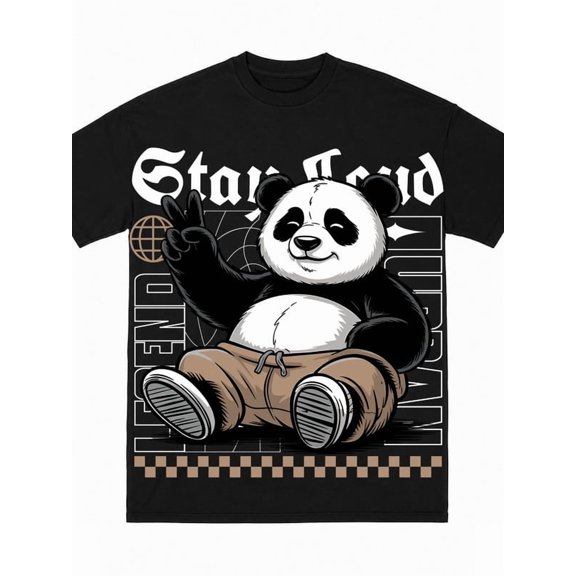 Greenink Full Large Print Stay Loud Cartoon Sitting Panda Checkerboard Pattern Casual Short Sleeve T-Shirt