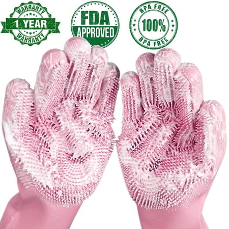 gluttony Magic Silicone Gloves, Reusable Dishwashing Gloves with Wash Scrubber, Heat Resistant Cleaning Gloves for Kitchen,Car, Bathroom and Pet Hair Care