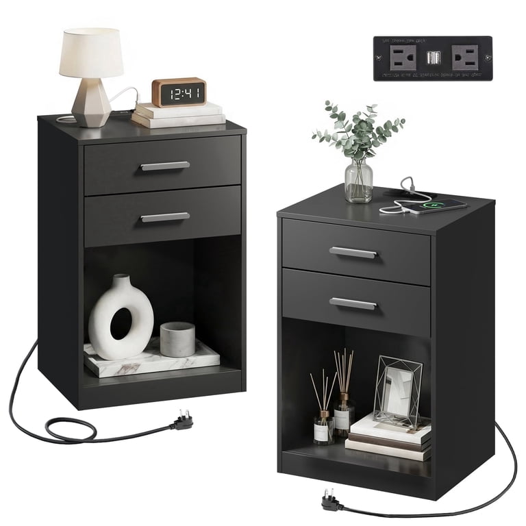 Galaxhero Nightstand Set of 2 with Charging, Black photo 1