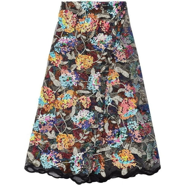 Tela de tul bordado de 50 pulgadas de ancho con encaje negro y lentejuelas de colores. Suave encaje de tul para confección de vestidos de novia y de noche.