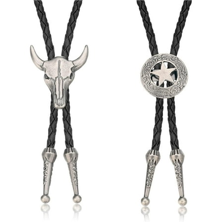 2Pcs Leather Tie Necktie Cow Skull Texas Ranger Star Chain For Men Rodeo Bolo Tie Necktie