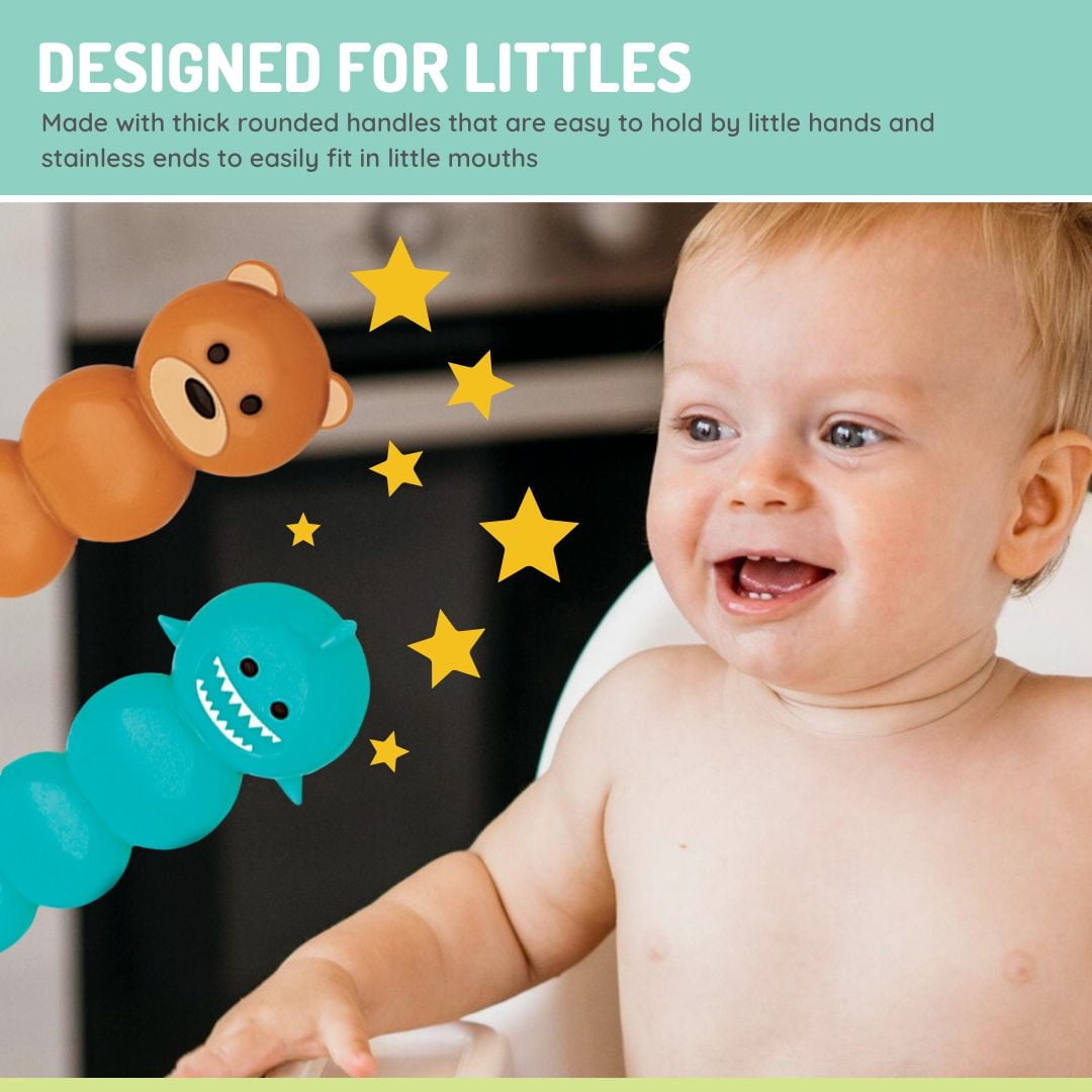 melii Spoon, Fork & Knife Set, Stainless Steel – Bulldog, Cat, Shark, Bear – BPA Free, Dishwasher safe