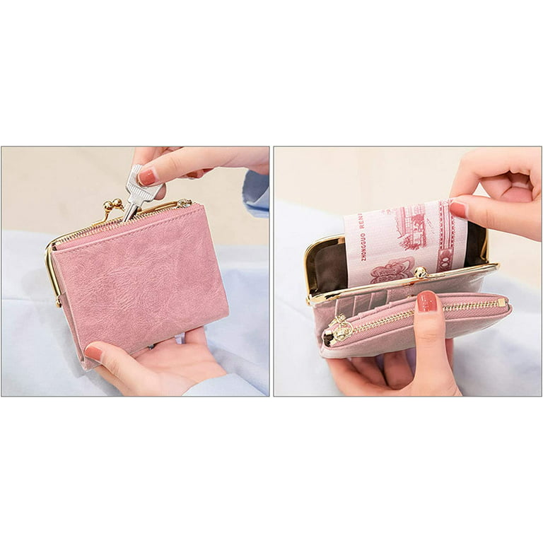 Womens Wallet Small Rfid Ladies Compact Bifold Leather Vintage Coin Purse  With Zipper And Kiss Lock