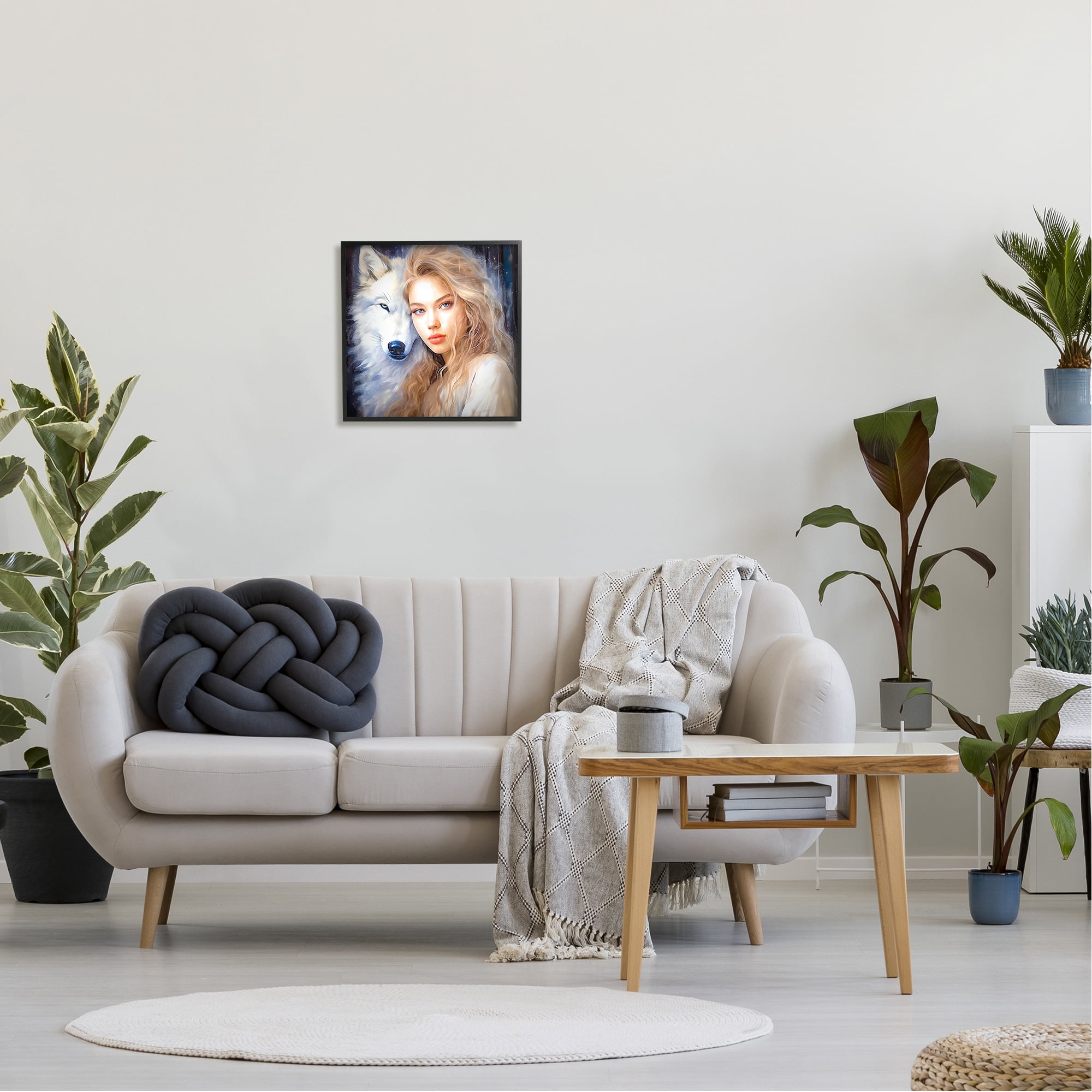 Stupell Industries Woman with White Wolf Animals & Insects Painting Black Framed Art Print Wall Art, 17 x 17
