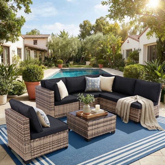 7 Pieces Outdoor Patio Furniture Set, Wicker Outdoor Sectional Conversation Couch Set with Adjustable Backrest Sofa, Cushions & Coffee Table for Outside,Garden,Deck,Brown Wicker/Beige Cushions