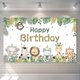 thumbnail image 1 of Decoración para fiesta de safari en la jungla, pancarta de feliz cumpleaños para niños, fondo de 180 x 110 cm con diseño de animales lindos y vegetación satinada., 1 of 5