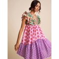 thumbnail image 4 of Multicolor Floral Patchwork V-Neck Ruffle Sleeve A-Line Short Dress For Women, 4 of 8