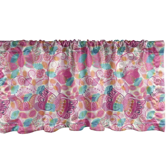 Ambesonne Floral Window Valance, Oriental Birds Leaves and Ornaments and Vibrant, Curtain Valance for Kitchen Bedroom Decor with Rod Pocket, 54" X 12", Pink Multicolor