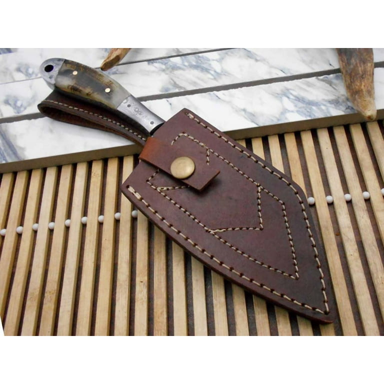 8.8 Long hand forged Twist pattern full tang Damascus steel Butcher Knife,  Ram horn scale with bolster, thick Cow hide leather sheath 