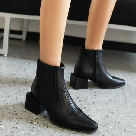 

Women s Snake Print Color Block Thick Heel Small Square Toe Side Zipper Rider Ankle Boots