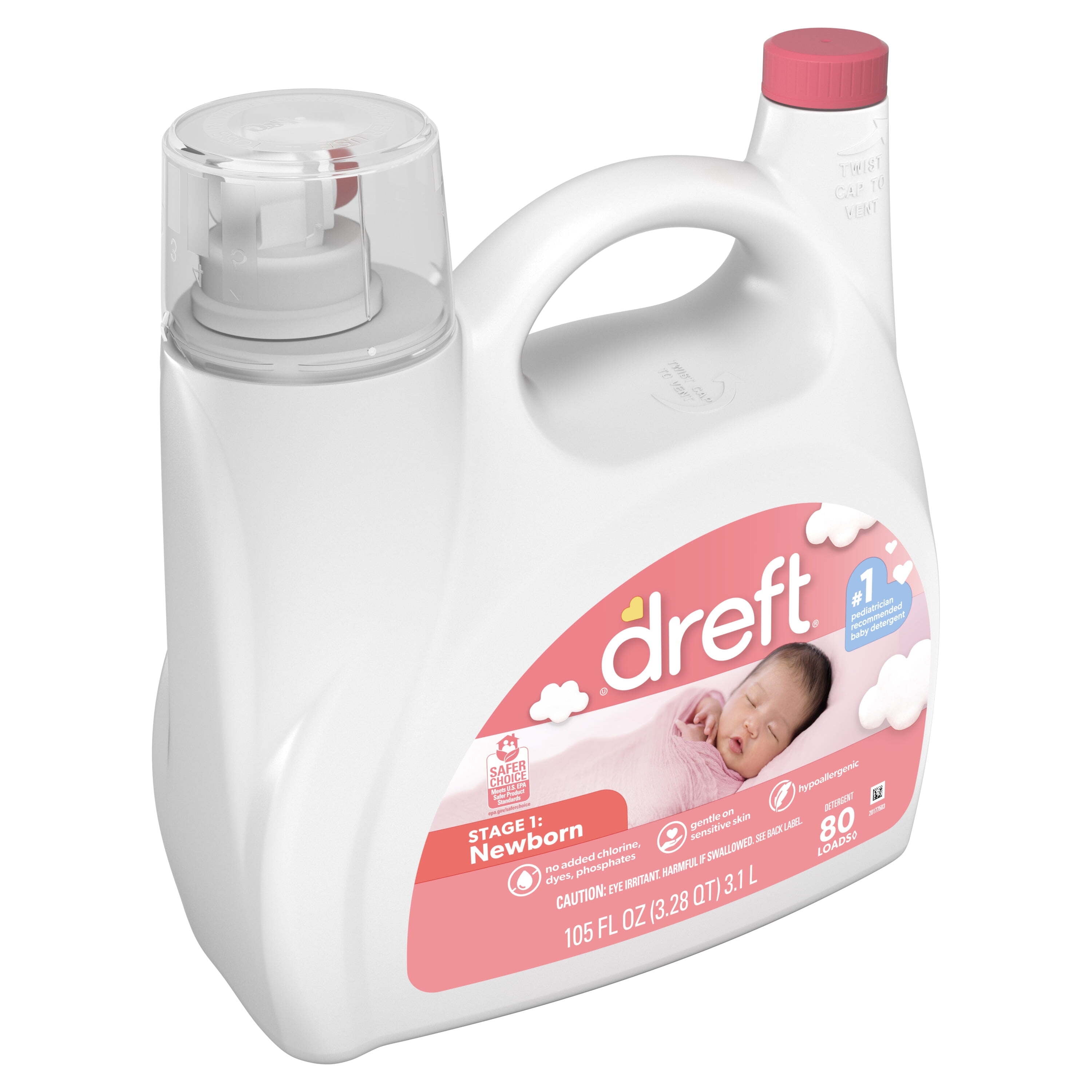 Dreft Newborn Baby Liquid Laundry Detergent, Sensitive Skin, Hypoallergenic, 80 Loads, 105 fl oz
