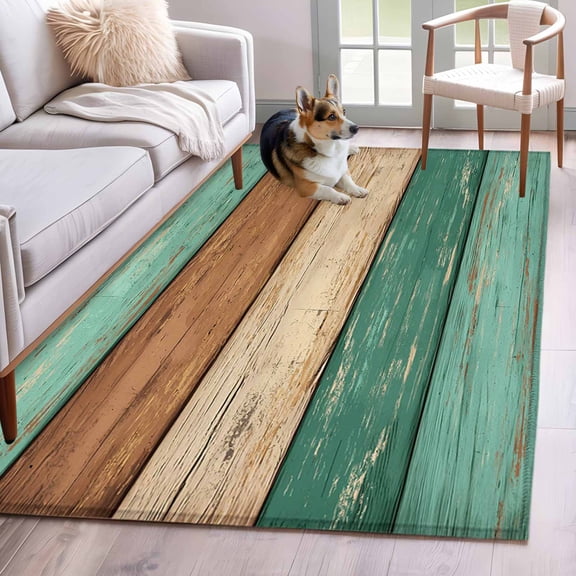 Farmhouse Teal Brown Area Rug 3x5 Washable Rug Non Slip Vintage Wooden Striped Large Area Rug Indoor Floor Carpet for Entryway Bedroom Kitchen Living Room Home Office Dining Room Nursery
