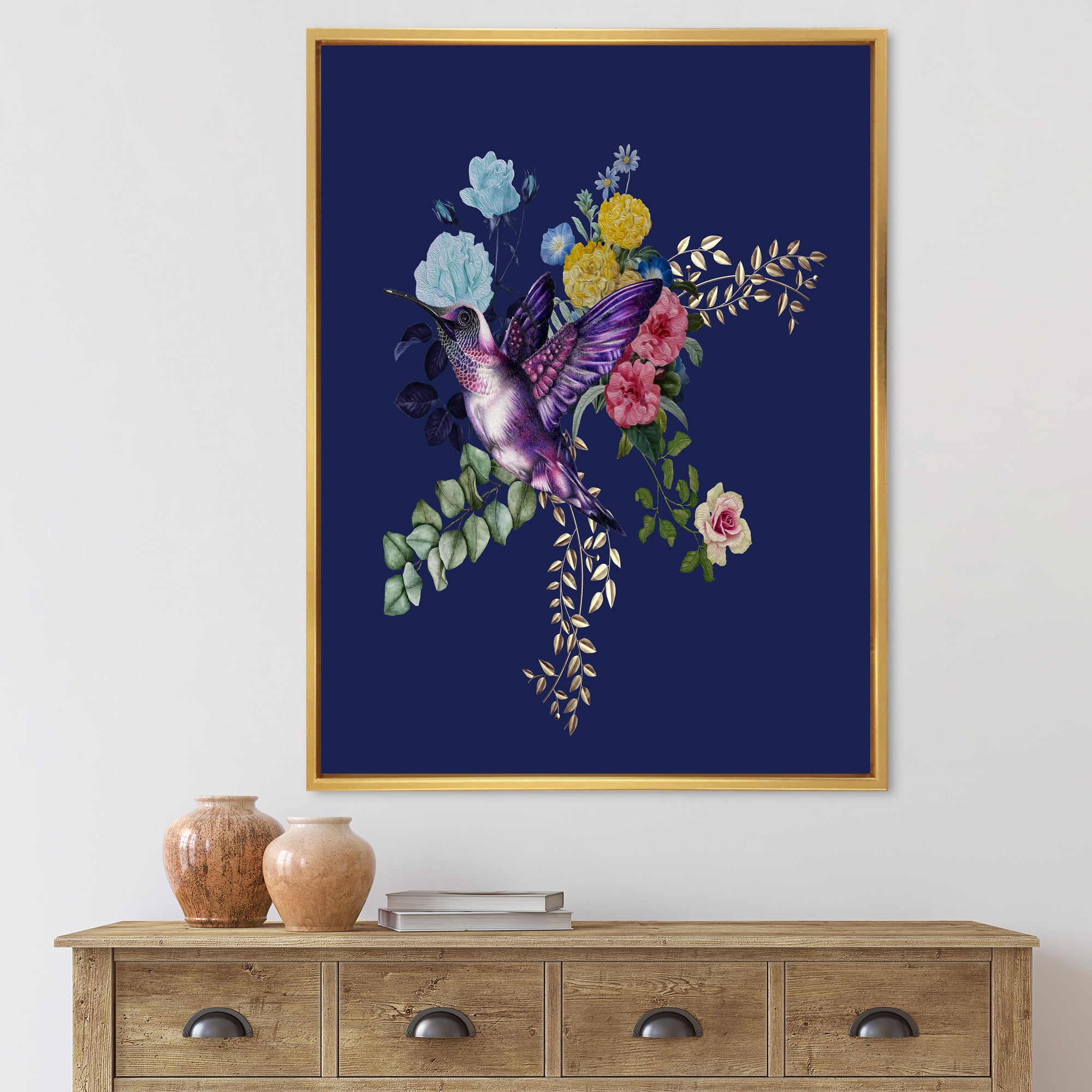 Designart 'Little Bird Sitting On Colourful Bouquet Of Wildflowers I' Traditional Framed Canvas Wall Art Print