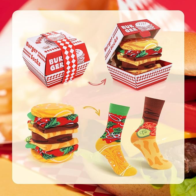 Funny Burger Socks Box for Men Dad Women Teen Boys -Funny Gifts Hamburger Novelty Funky Crazy Silly Cool Food Socks -Fathers Valentines Day Birthday Gag Christmas Gift Ideas Stocking Stuffers