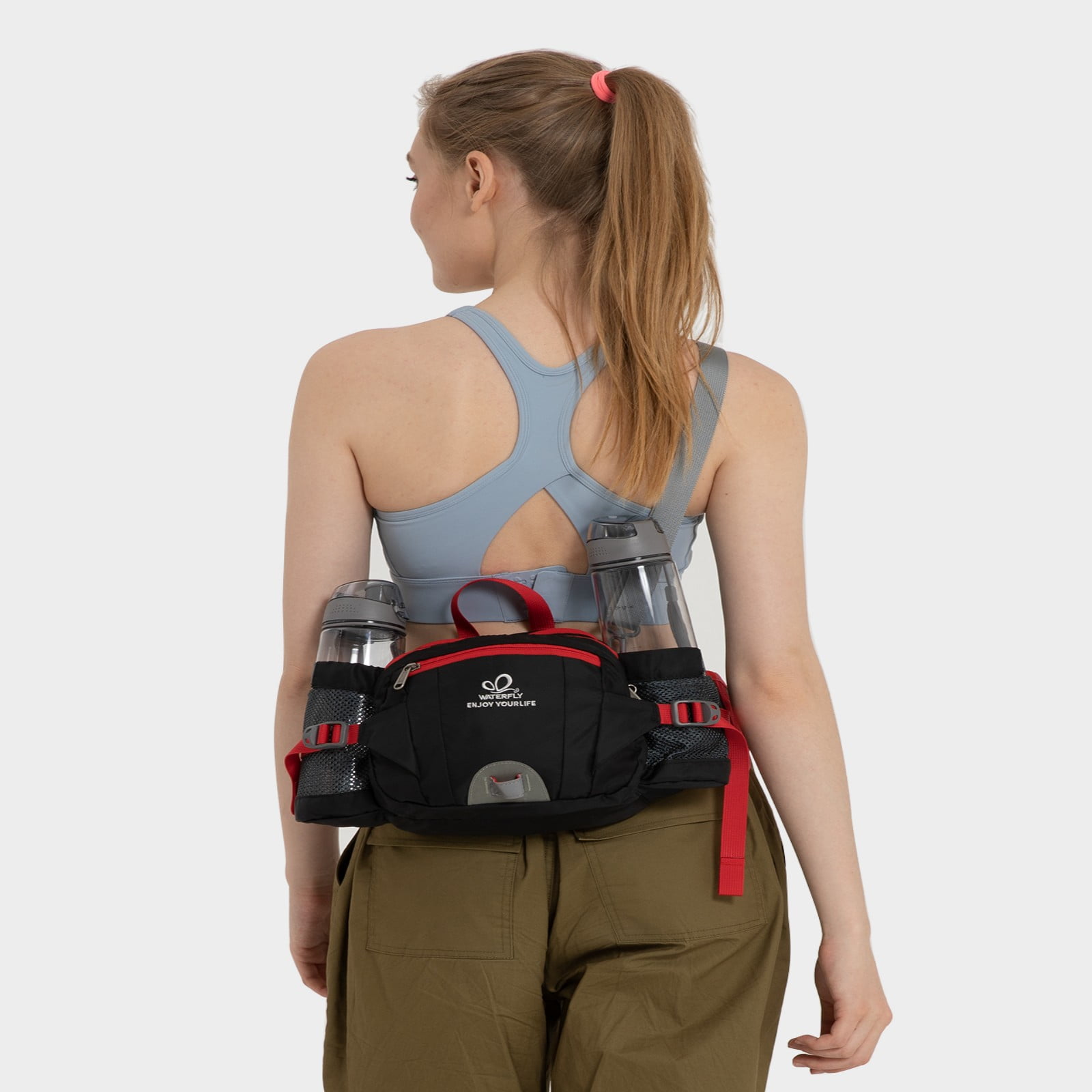 WATERFLY Unisex Large Capacity Hiking with Bottle Holder Nylon Fanny Pack Waist Bag,Black Red