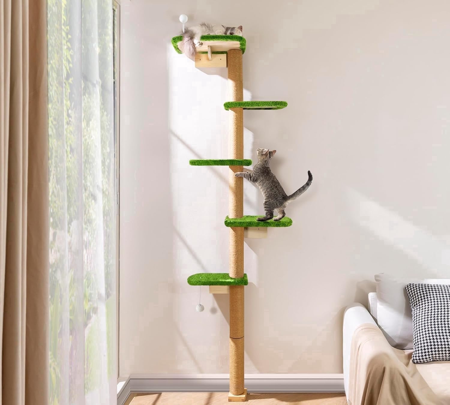 Peluomoz Green Adjustable Floor to Ceiling Cat Tree with 5 Plush Platforms, 83 in