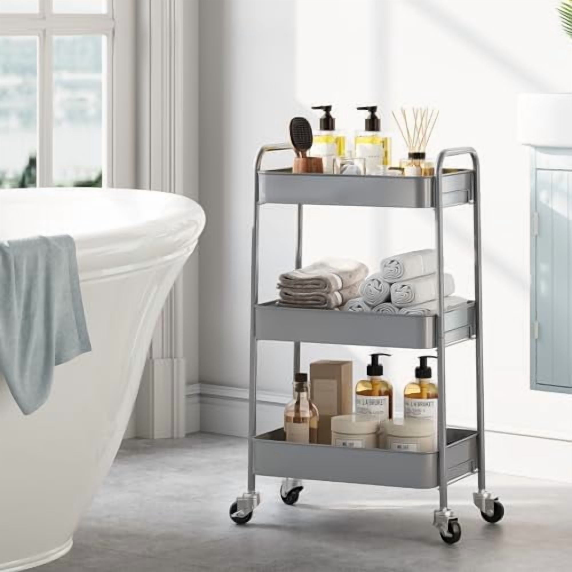 3-Tier Metal Rolling Cart with Wheels, Storage Utility Organizer Cart for Kitchen, Bathroom, Office, Baby Essentials & Makeup - Lockable Casters, Easy Assembly, Large Capacity, Gray