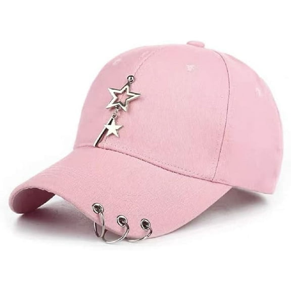 Unisex Fitted Cap, K-pop Cap, Baseball Cap with Ring Chain, Metallic Cap, Unique Cap, Cap with Star, Pink