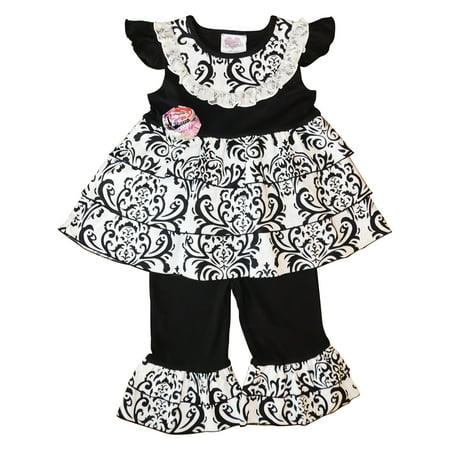 - AnnLoren Little Girls Black White Damask Rumba Tunic Capri 2 Pc Outfit