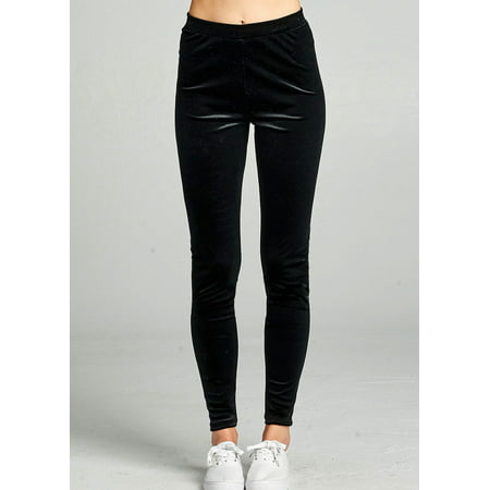 Womens Juniors Casual Everyday Loungewear Velvet Solid Black Pull-On Stretchy Leggings Skinny Pants