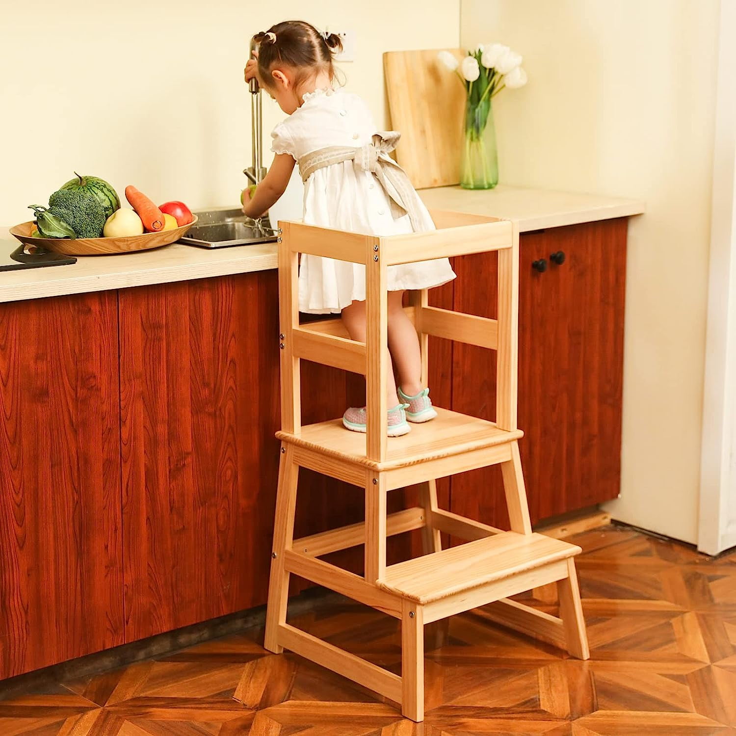 Kids Kitchen Step Stool for Kids with Safety Rail Solid Wood