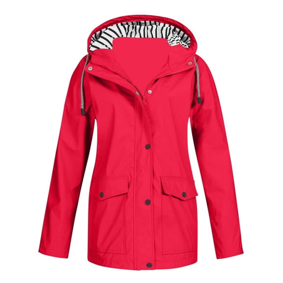 Waterproof Rain Jacket Women Fall Winter Plus Size Jackets Outdoor Sports Hooded Raincoat Solid Zip Up Windbreaker Parka with Pockets Red M