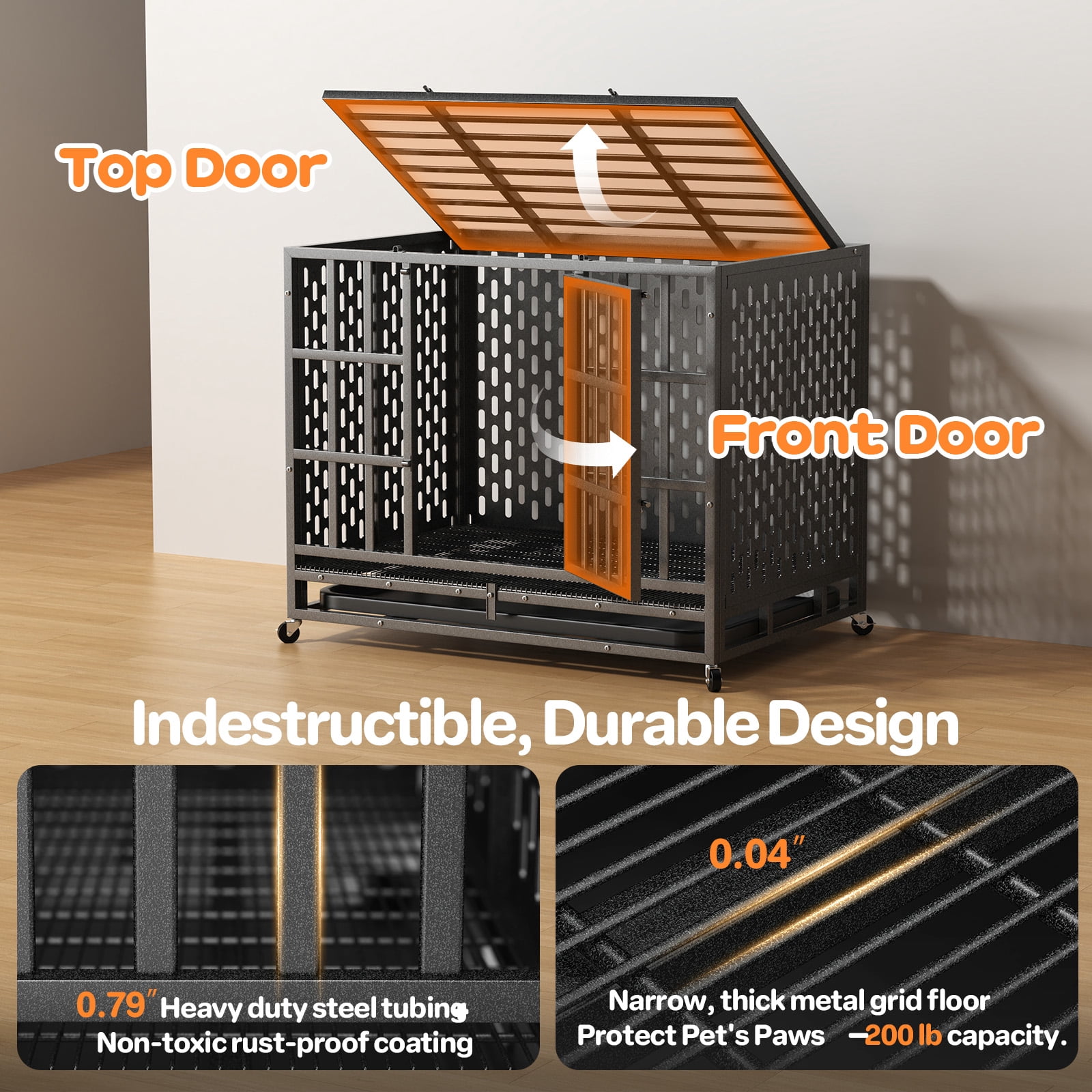 YOKWOK 38 Inch Heavy Duty Dog Crate for Small Dogs, Indestructible Chew-Proof & Escape-Proof Dog Cage for High Anxiety Dogs, Steel Dog Kennel with Locking Wheels & Removable Tray, Black