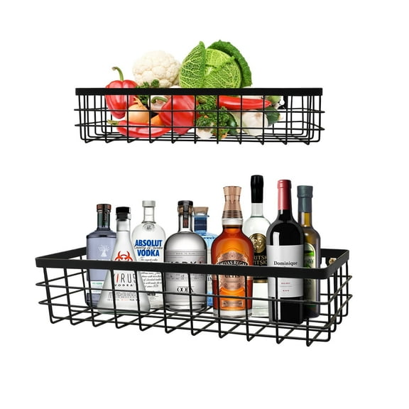Black Wall Mount Wire Basket Matal Bathroom Storage Bins Kitchen Fruit Basket, Set of 2