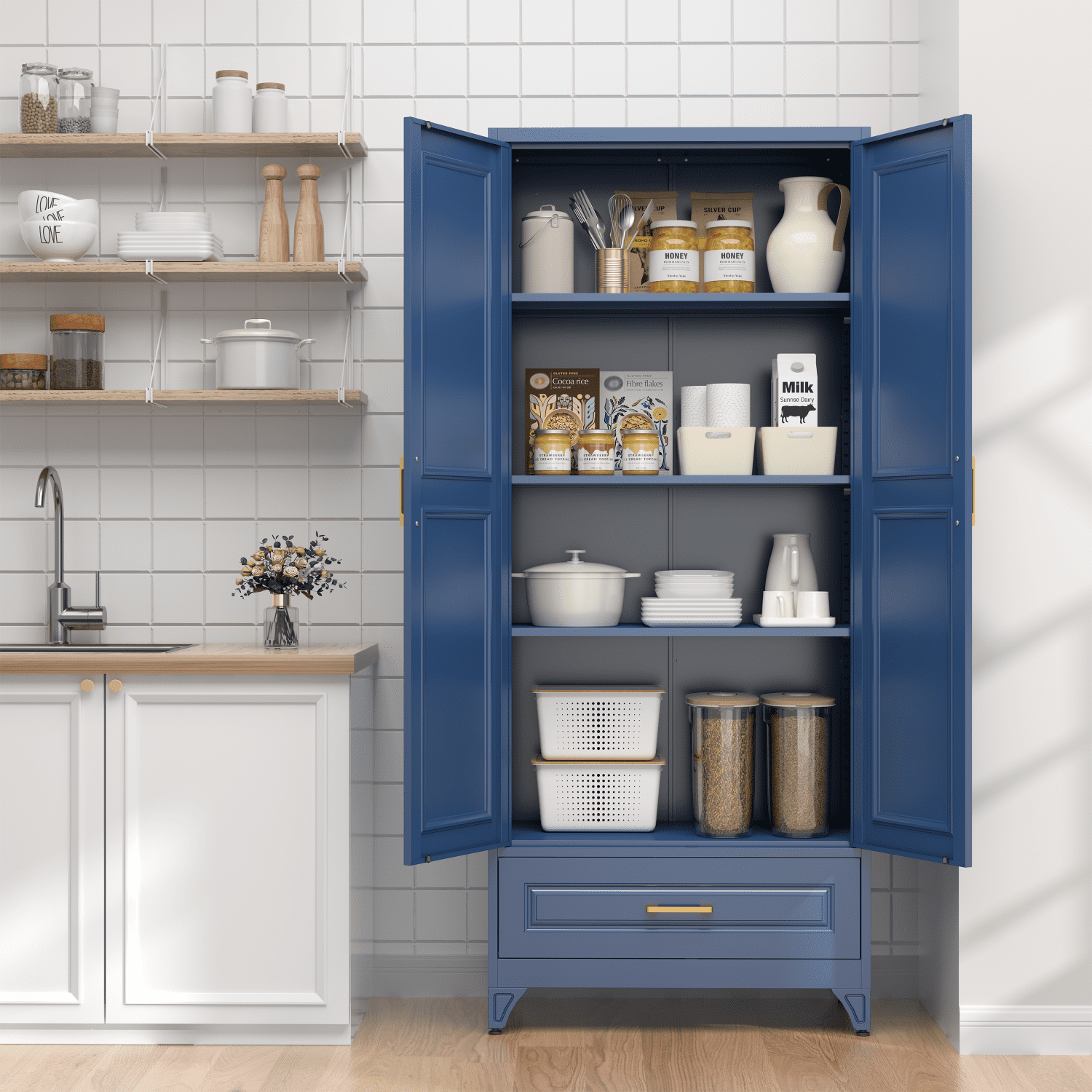 Polup 75" H Blue Kitchen Pantry Storage Cabinets with Drawers, Doors and Adjustable Shelves, Steel Large Cupboard