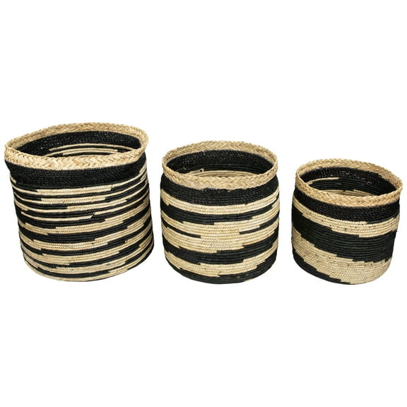 Northlight Set of 3 Black and Beige Zig Zag Sew Seagrass Storage Baskets 15.5"