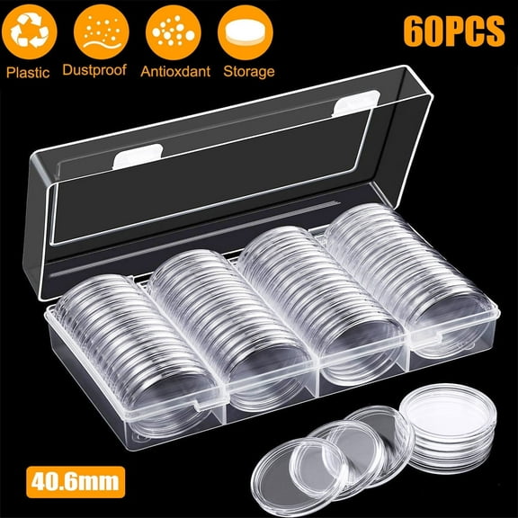 60-Piece 40.6mm Silver Dollar Coin Capsules for Collectors – Round Plastic Holders with Transparent Storage Case – Coin Collection Supplies