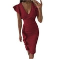 thumbnail image 2 of CEHVOM Women Casual V-neck Solid Slimming Ruffle Hem Ruched Sleeveless Dress, 2 of 6