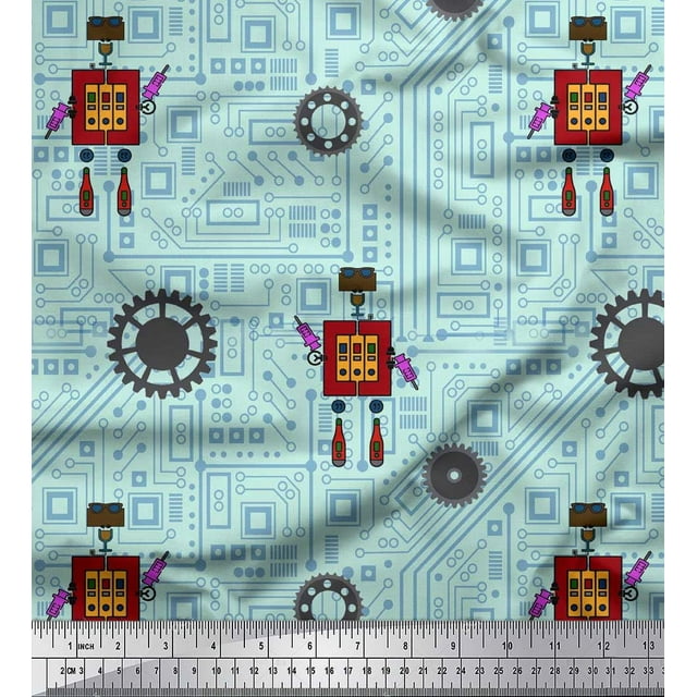 Soimoi Green polyester Crepe Fabric Cartoon Machine & Gear Parts Hardware Print Sewing Fabric Yard 42 Inch Wide
